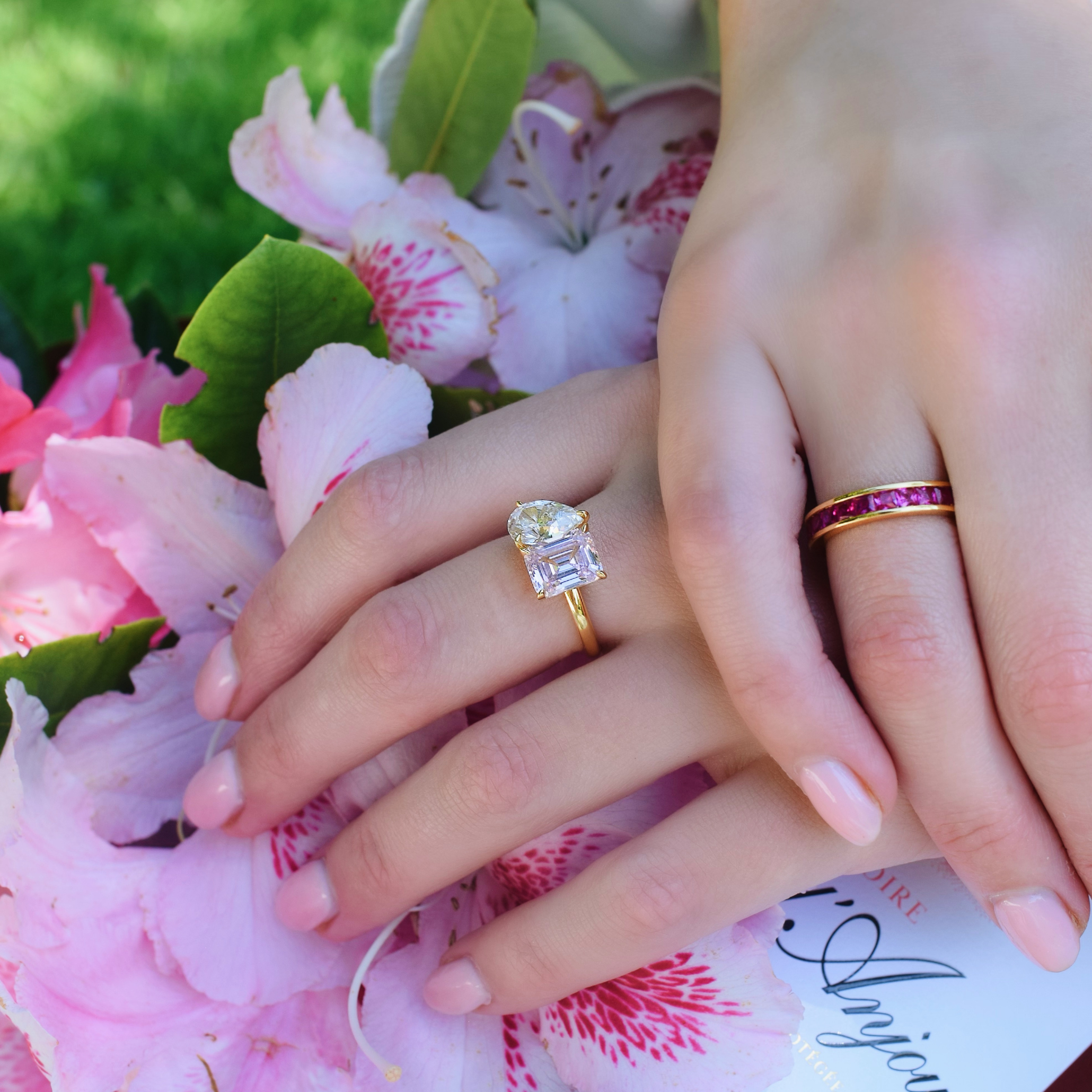 The Promise Ring Co. Ruby Channel set band diamond ring. With no prongs for a seamless look. Stacked or left alone to sparkle, this ring always looks beautiful. Shop in Ruby Simulant & 18ct Gold Vermeil