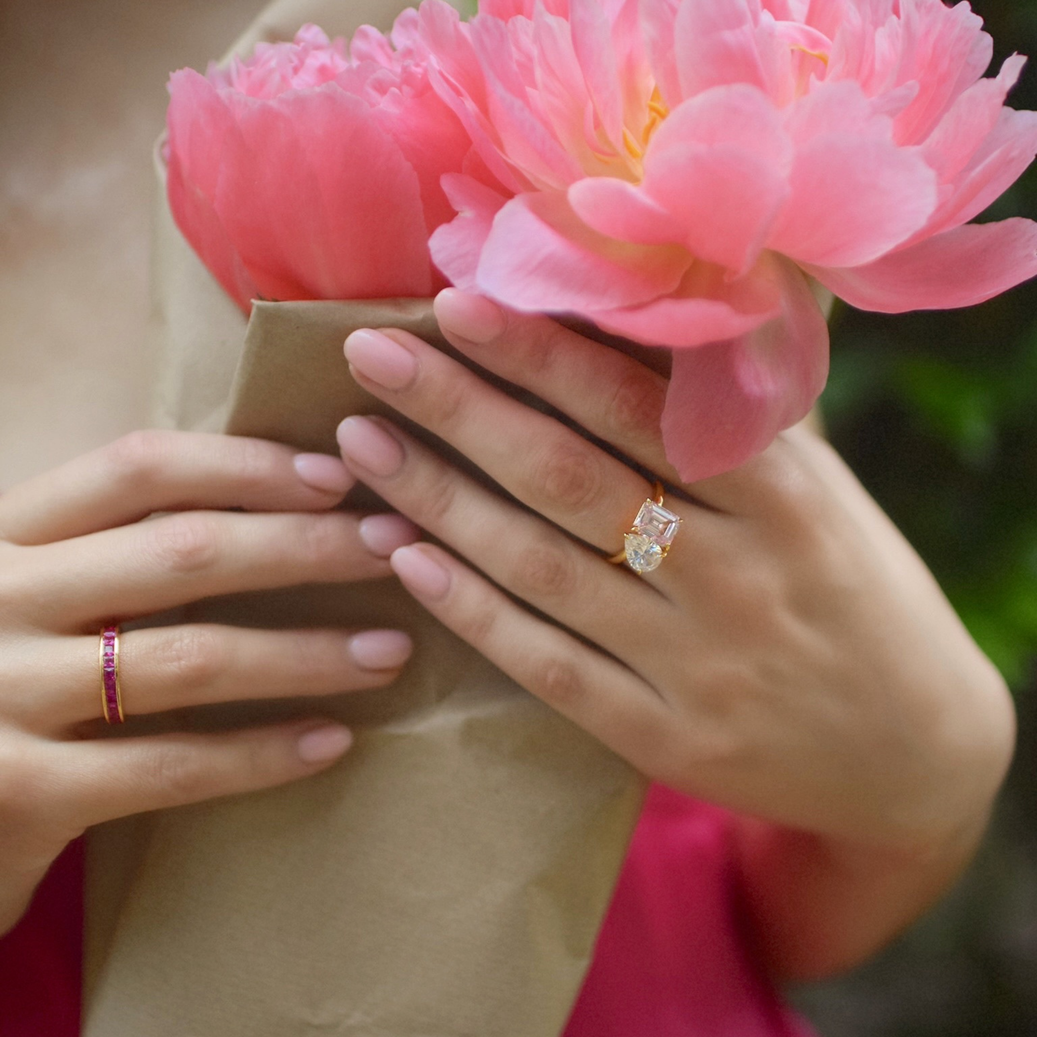 The Promise Ring Co. Ruby Channel set band diamond ring. With no prongs for a seamless look. Stacked or left alone to sparkle, this ring always looks beautiful. Shop in Ruby Simulant & 18ct Gold Vermeil