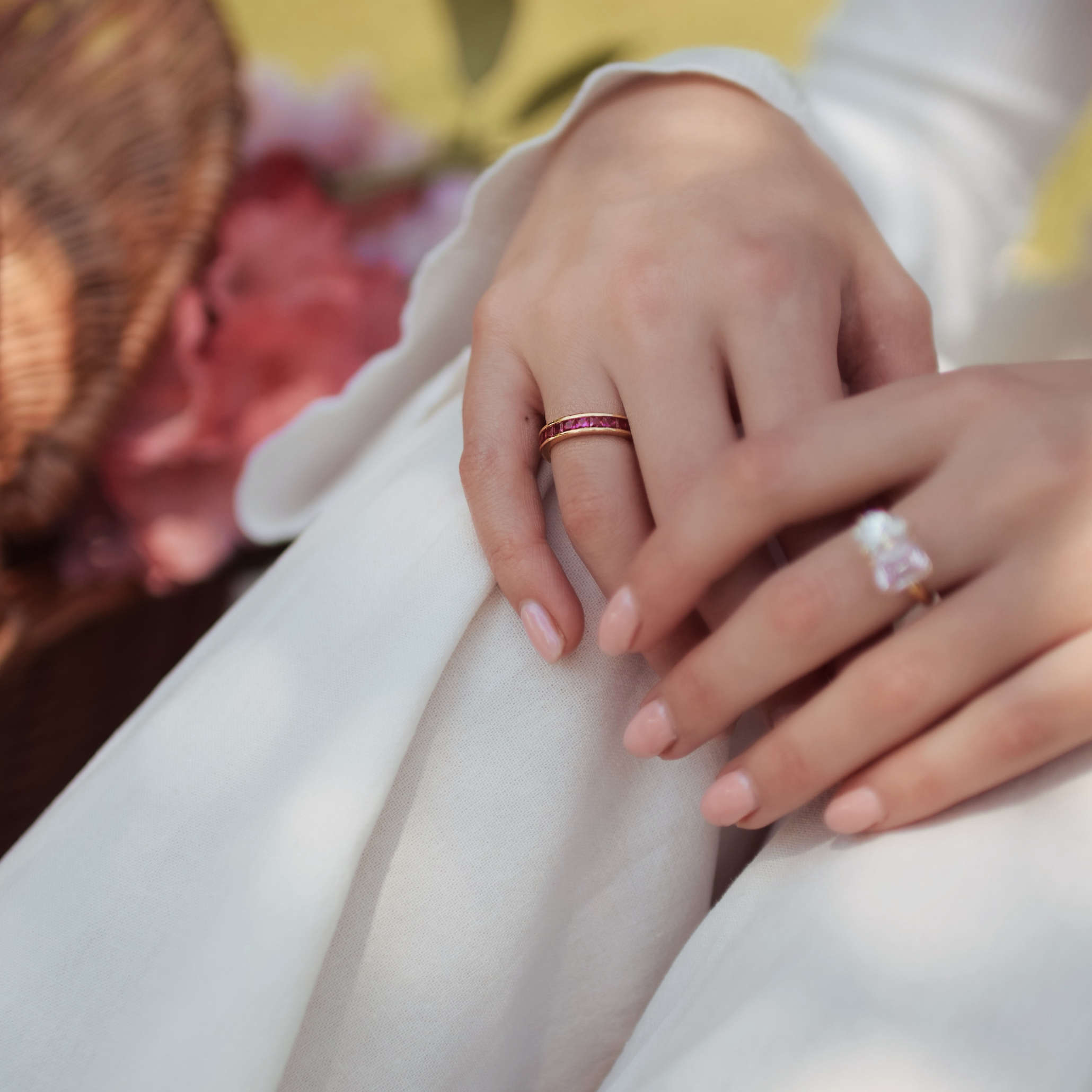 The Promise Ring Co. Ruby Channel set band diamond ring. With no prongs for a seamless look. Stacked or left alone to sparkle, this ring always looks beautiful. Shop in Ruby Simulant & 18ct Gold Vermeil